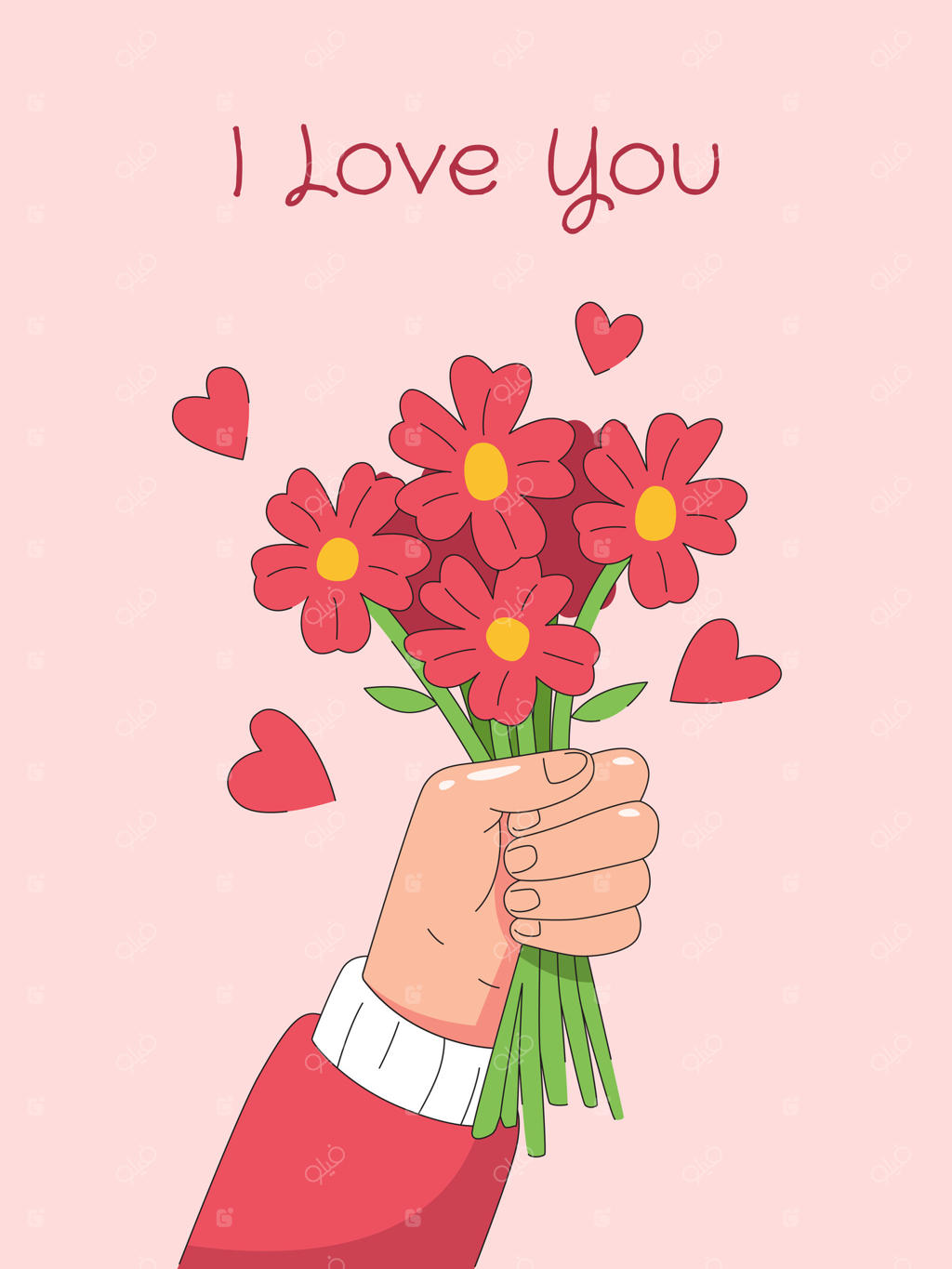 دسته‌گل‌های قرمز در دست: کارت "دوستت دارم"
