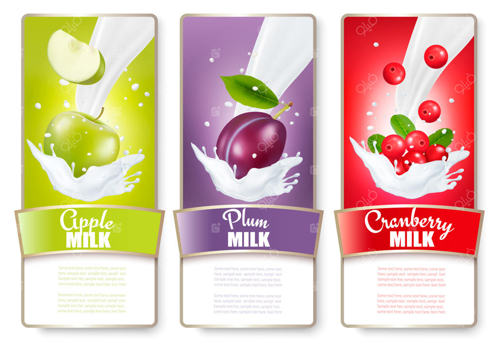 مجموعه‌ای از سه برچسب میوه در پاشش‌های شیر: سیب، آلو، کرن‌بری.