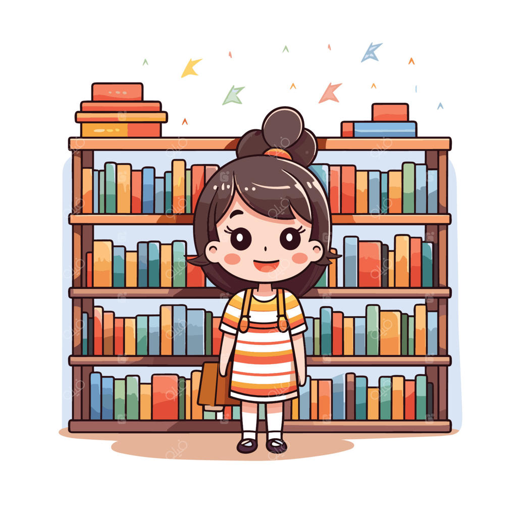 تصویر برداری از دختری جوان در مقابل کتابخانه‌ای رنگارنگ