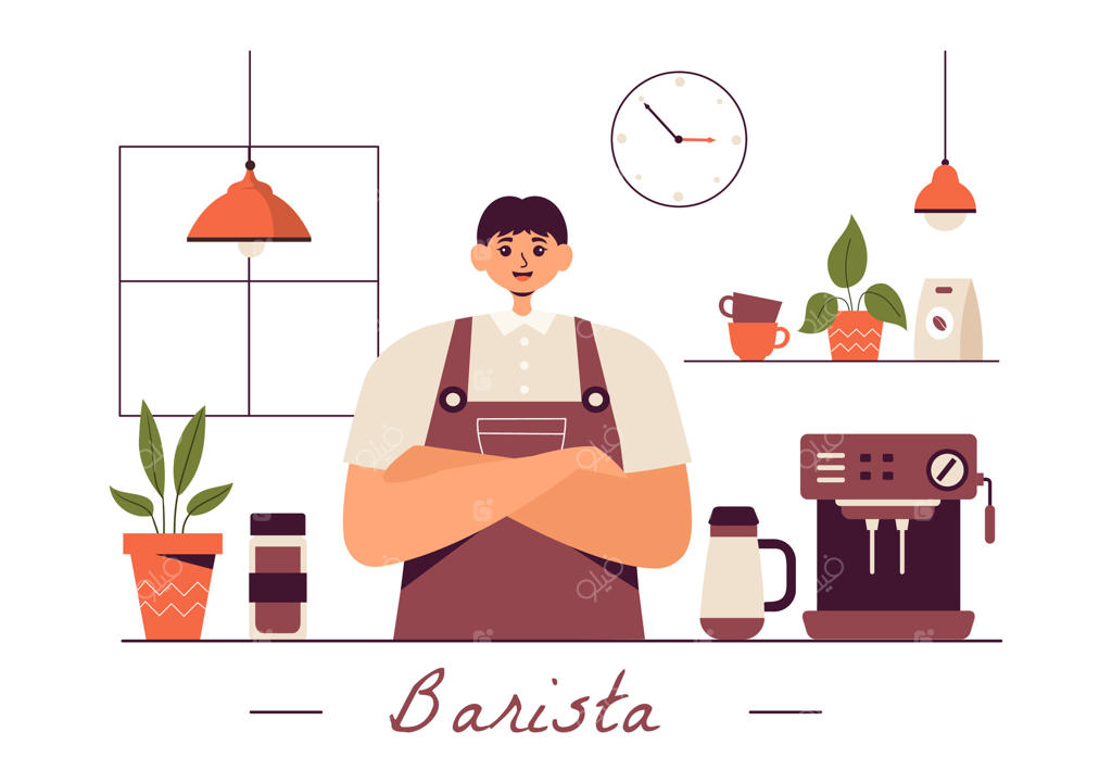 تصویرسازی وکتور باریستا با پیش‌بند، در حال تهیه شیر برای قهوه مشتری در پس‌زمینه کارتونی ساده