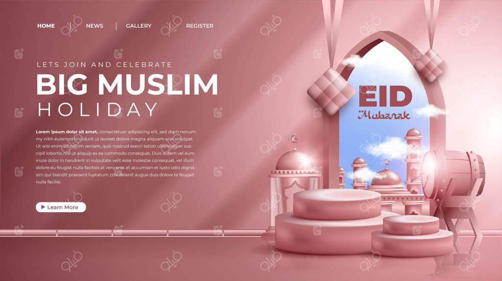 ترکیب واقع‌گرایانه تزئینات سه‌بعدی اسلامی برای صفحه فرود عید مبارک یا عید فطر