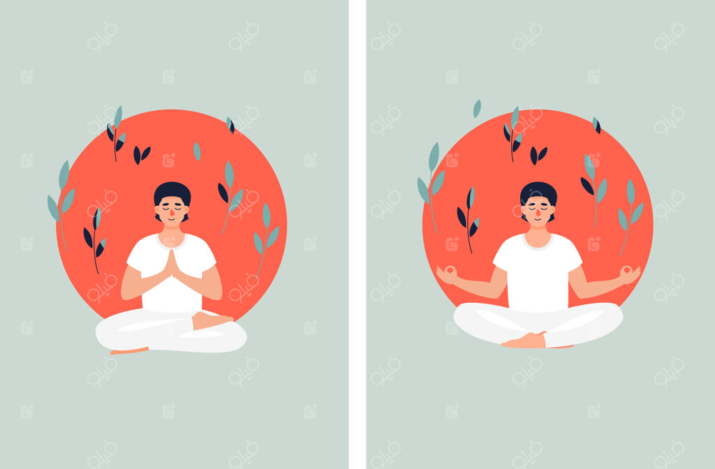 مرد موقرمز در حال مدیتیشن در وضعیت لوتوس، در پس‌زمینه خورشید و برگ‌ها