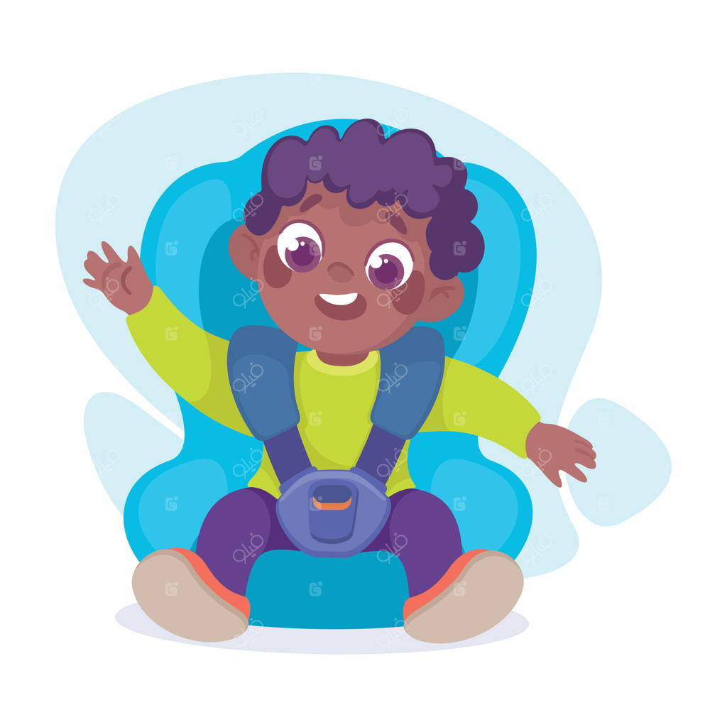 پسربچه‌ی کارتونی سیاه‌پوست در صندلی ماشین نشسته است