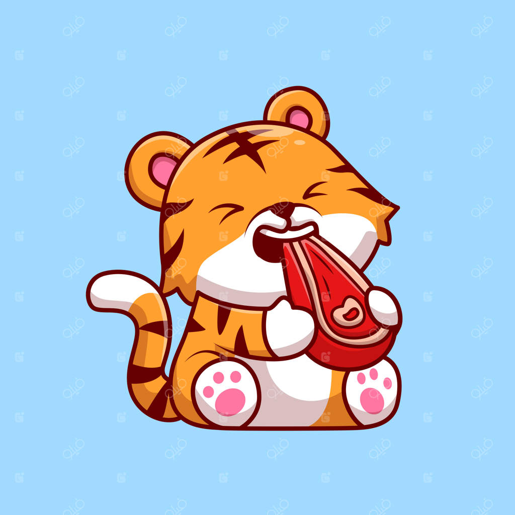 تصویر وکتور کارتونی ببر بامزه در حال خوردن استیک. مفهوم آیکون غذای حیوانات، جدا شده از پس‌زمینه.