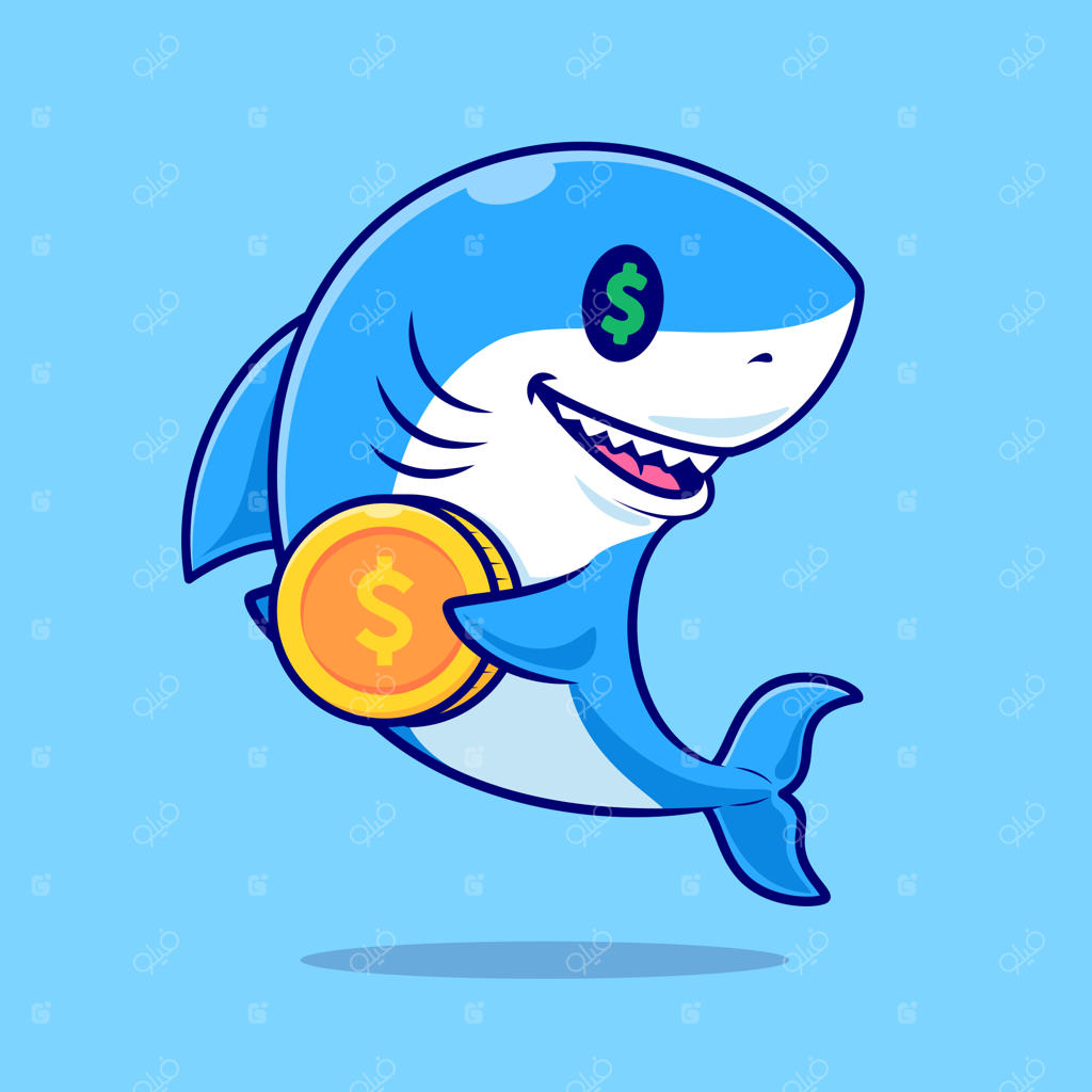 کارتون بامزه کوسه با سکه طلا - نماد وکتور امور مالی حیوانات