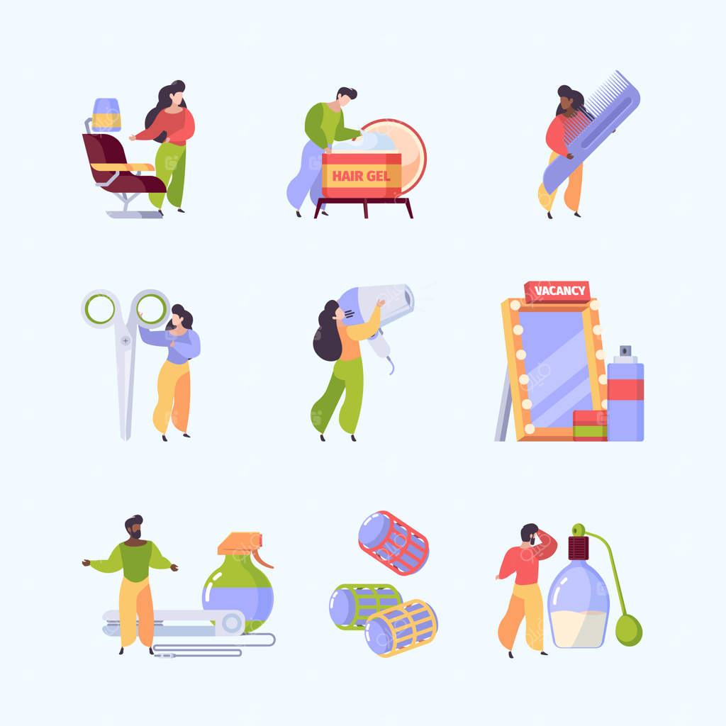 درمان‌های مو: لوازم زیبایی و فرایندهای سالن زیبایی شامل شست‌وشو و پاک‌سازی مو با طرح‌های گرافیکی وکتور شیک و زیبا