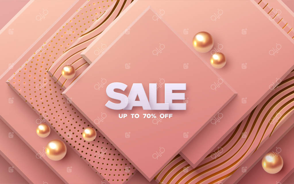 بنر فروش با لایه‌های مربعی صورتی مرجانی و کره‌های طلایی