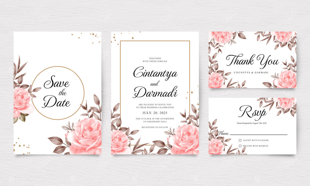 مجموعه‌ای از قالب‌های شیک دعوت‌نامه عروسی با تزئینات گل‌های آبرنگی