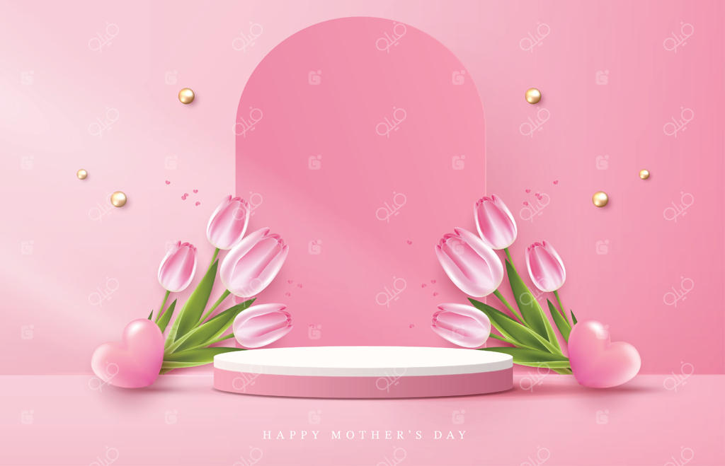 روز مادر برای سکوی نمایش، روز ولنتاین با قلب و گل. پس‌زمینه صورتی مینیمال. ارائه نمایش محصول. مفهوم اتاق استودیو، صحنه دیوار ساده. طراحی.