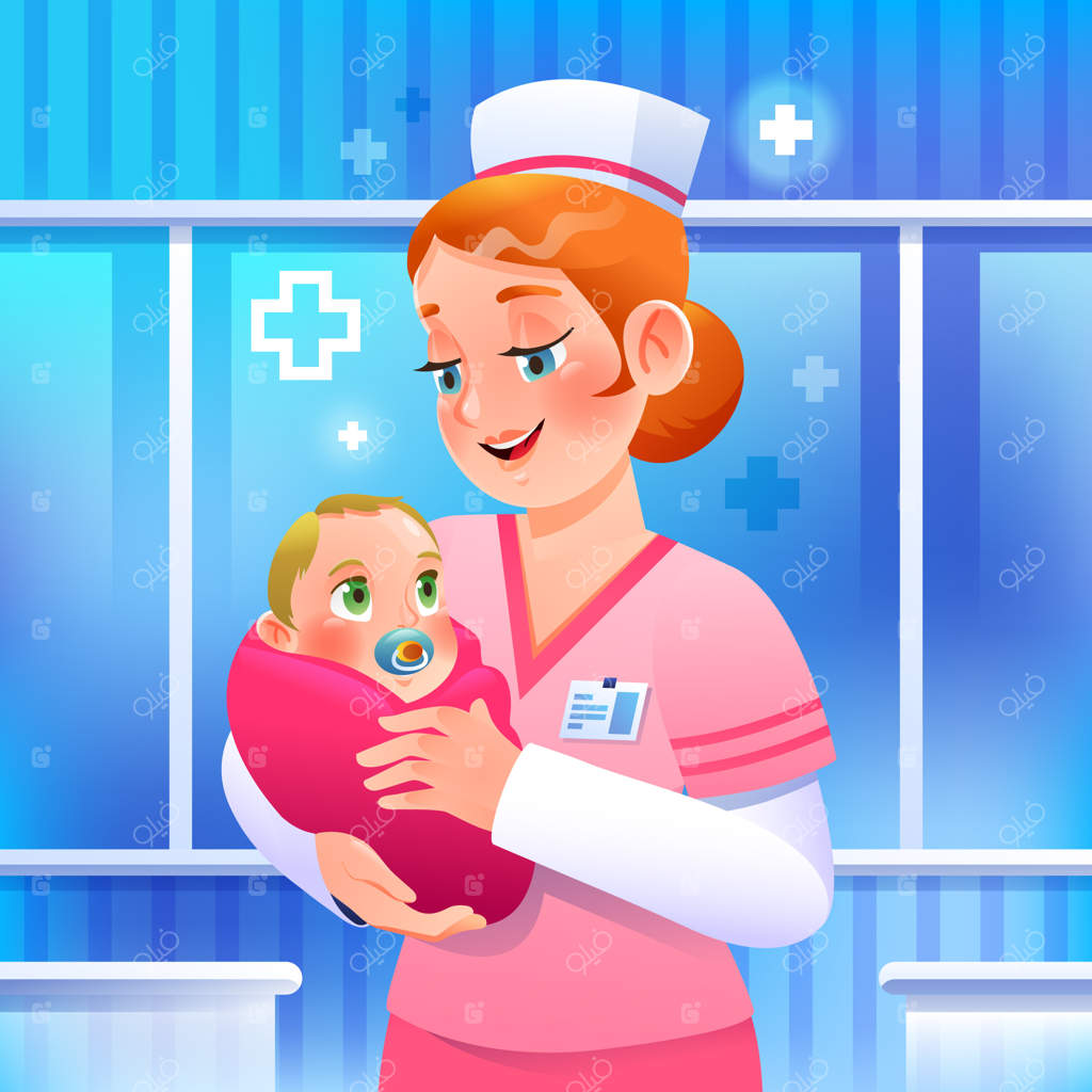 پرستاری که نوزادی را در پتو صورتی در محیط بیمارستان نگه داشته است