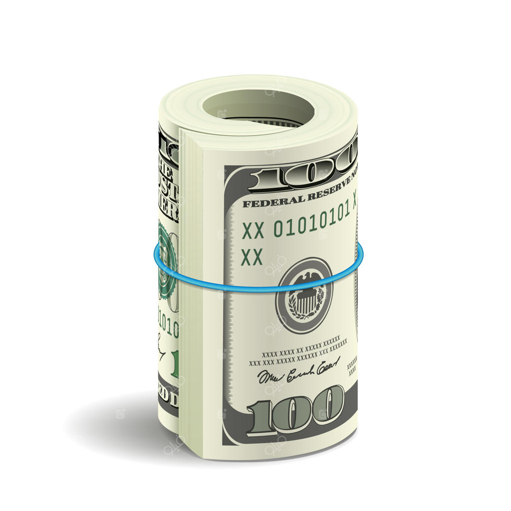 بسته واقعی اسکناس‌های دلار روی پس‌زمینه سفید با سایه