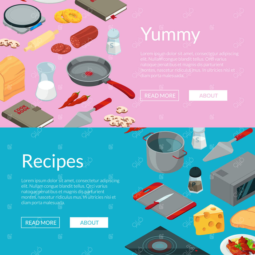 تصاویر ایزومتریک مواد غذایی و آشپزی به صورت بنر