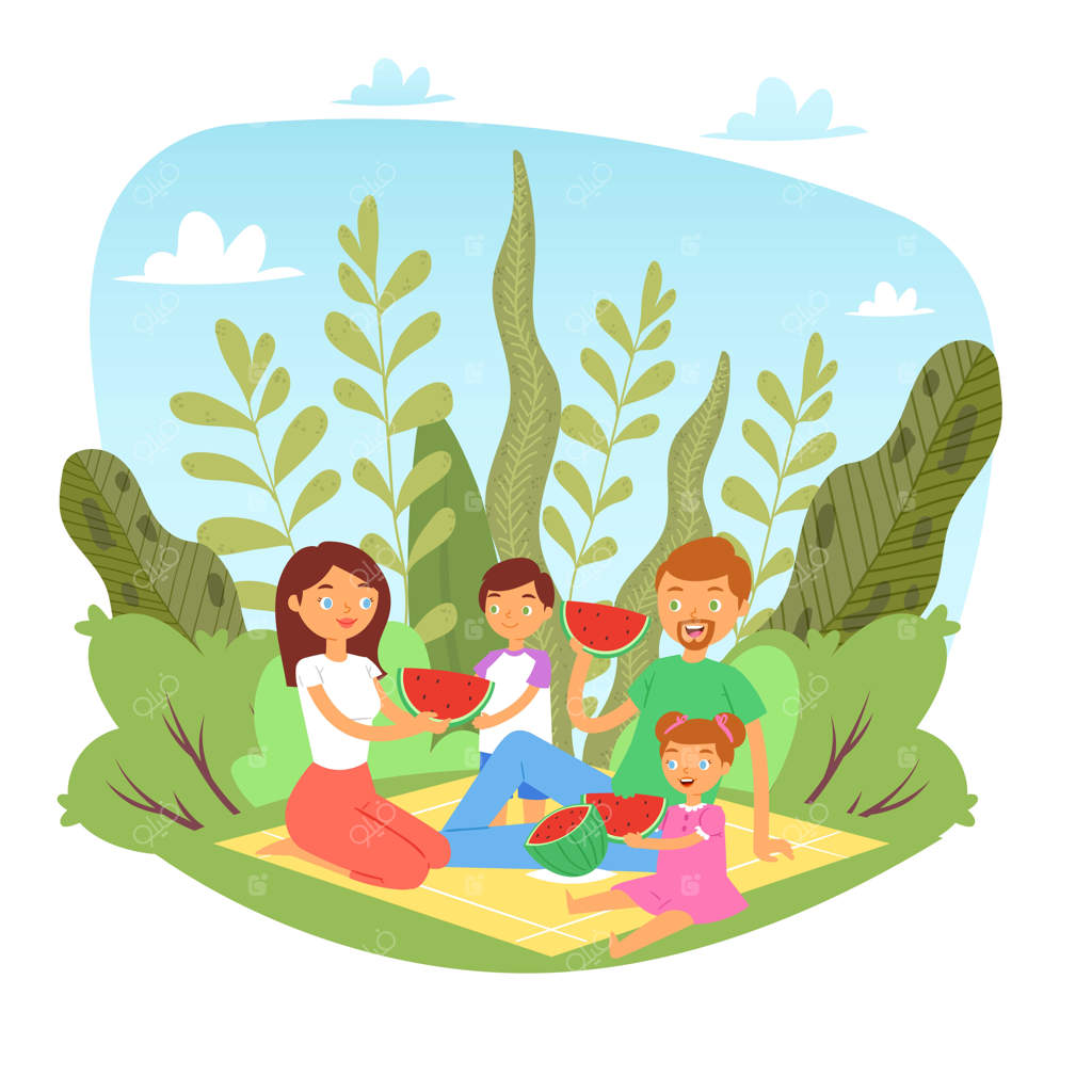 خانواده خوشحال با بچه‌ها در پیکنیک و خوردن هندوانه در طبیعت - تعطیلات آخر هفتهٔ خانوادگی به همراه پدر، مادر و فرزندان در حال خوردن میوه‌ها.
