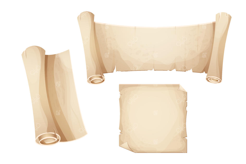 مجموعه‌ای از کاغذ پوستی باستانی، طومار و صفحه خالی به سبک قرون وسطی به صورت کارتونی. مناسب برای بازی، قاب کهنه و نسخه خطی. تصویر وکتور