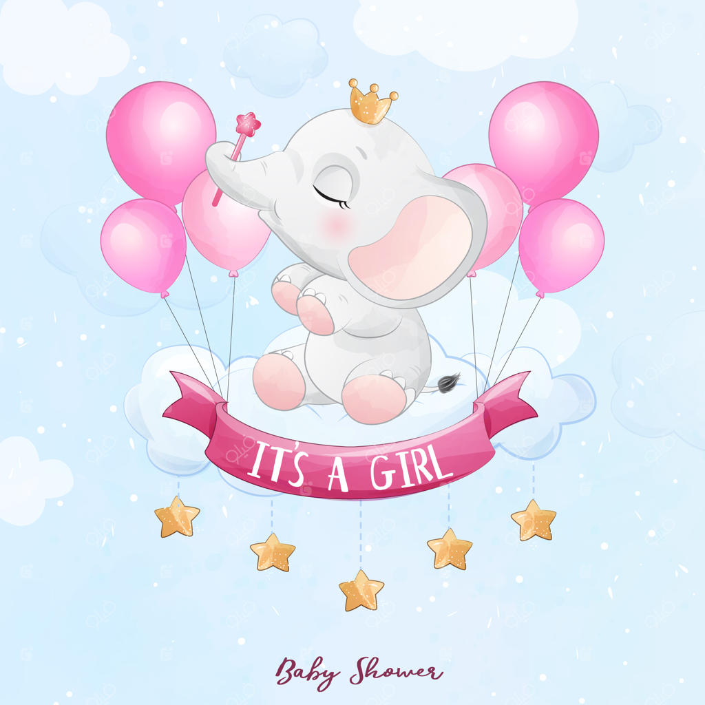 فیل کوچولوی بامزه نشسته در ابر با نقاشی آبرنگی