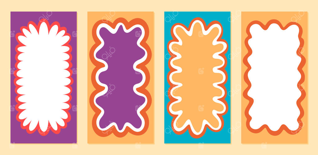 ست قاب رترو فوق‌العاده با شکل مستطیل موج‌دار و حاشیه رنگارنگ در طرح‌های فانتزی. پس‌زمینه پرجنب‌وجوش به سبک y2k، حاشیه انتزاعی و طراحی گرافیکی مدرن برای پروژه‌های خلاقانه.