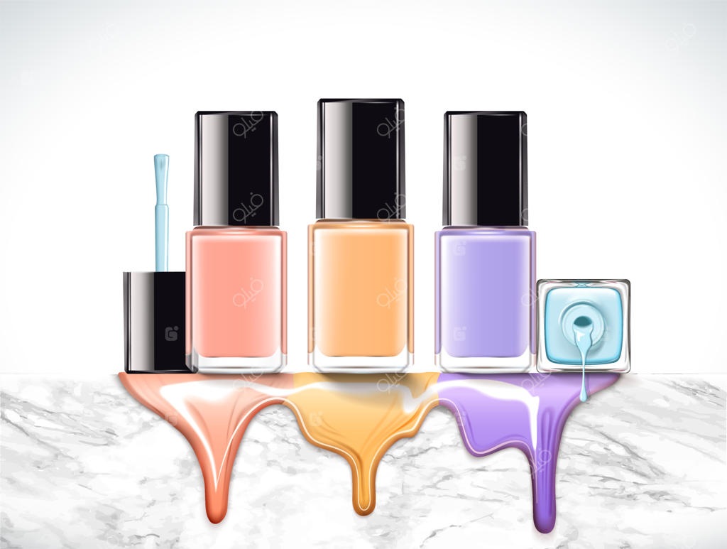 مجموعه لاک ناخن رنگ پاستلی روی دیوار سنگ مرمر در تصویرسازی سه‌بعدی