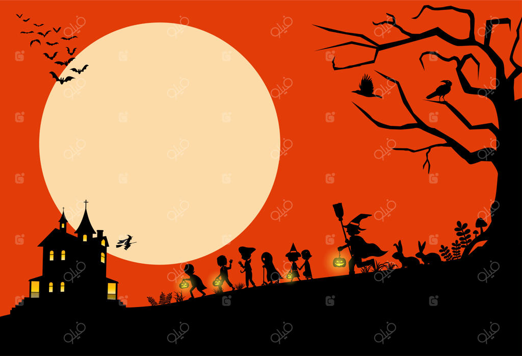 پس‌زمینه هالووین، سیلوئت کودکانی که برای قاشق‌زنی می‌روند، تصویرسازی