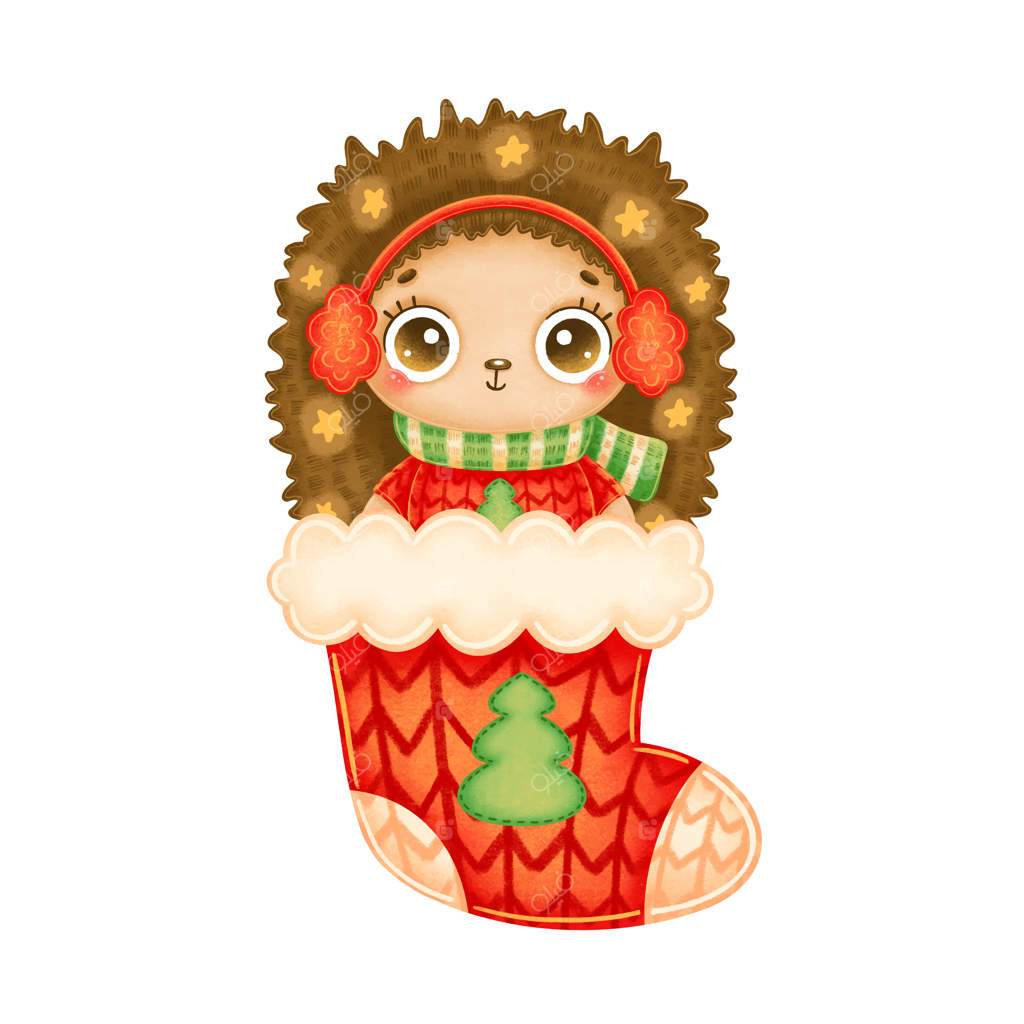 تصویر جوجه‌تیغی کارتونی بامزه کریسمس با ژاکت قرمز و ستاره‌ها در جوراب کریسمس قرمز