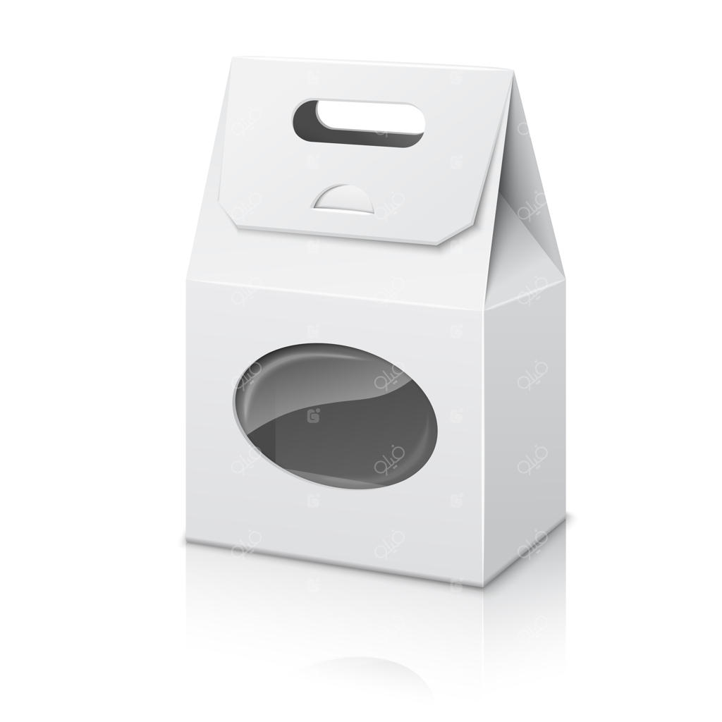 کیسه بسته بندی کاغذی سفید و واقع‌گرایانه با دسته و پنجره شفاف، همراه با بازتاب.