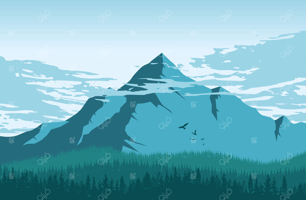 طرح وکتور طبیعت کوهستانی سبز و ابرها به سبک طراحی تخت