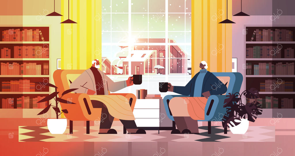 زوج آفریقایی-آمریکایی مسن در حال نوشیدن قهوه و گفتگو در نشیمن خانه