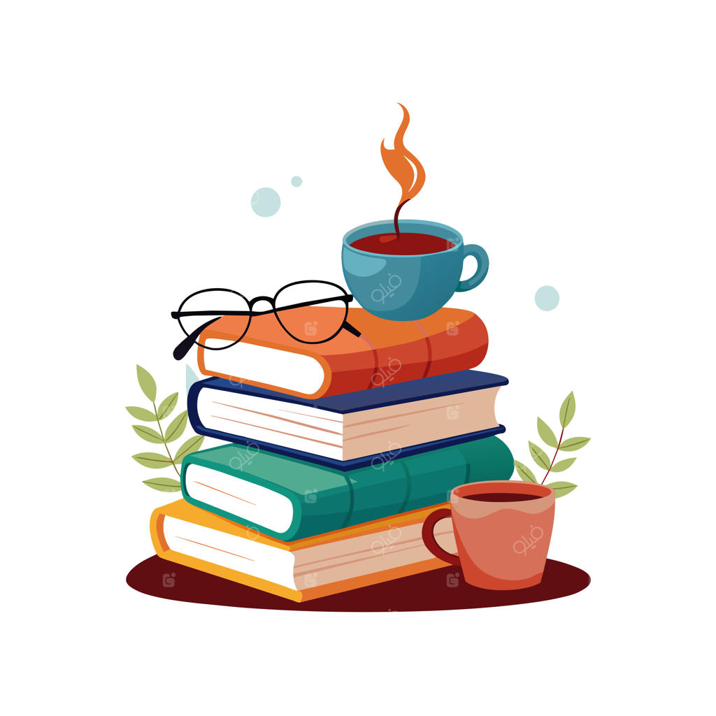 یک دسته کتاب با یک فنجان قهوه و کتابی با تصویری از چهره روی جلد آن