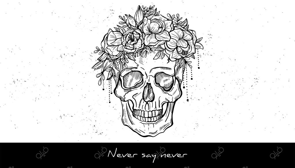 طراحی تتوی جمجمه انسان با تاج گل: تصویرسازی دستی وکتور