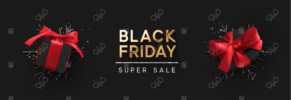 حراج فوق‌العاده جمعه سیاه: جعبه‌های هدیه مشکی واقعی، دانه‌های برف سه‌بعدی با اکلیل طلایی، جعبه هدیه با پاپیون قرمز. پس‌زمینه تیره با متنی به رنگ طلایی. بنر، پوستر و هدر سایت.