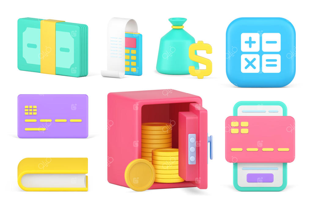 آیکون سه‌بعدی و واقع‌گرایانه مجموعه دکمه‌های بانکداری و مالی شامل پول، دلار، محاسبه و ذخیره‌سازی