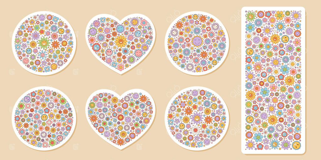 مجموعه برچسب گل‌های رترو و رنگارنگ با قلب، گل داوودی و نشانکارتونی با لبخند. پچ دایره‌ای و طراحی Y2K، این مجموعه جالب نمایی شاد و قدیمی به سبک وینتیج اضافه می‌کند.