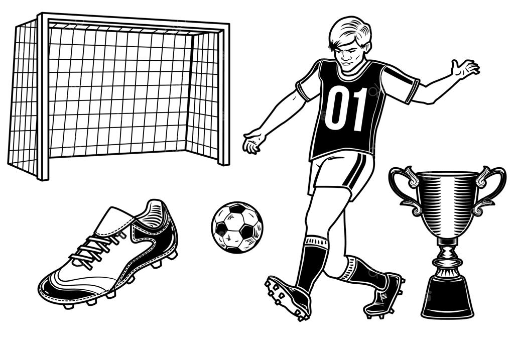 مجموعه‌ای از بازیکن فوتبال با توپ، جام، دروازه و کفش فوتبال