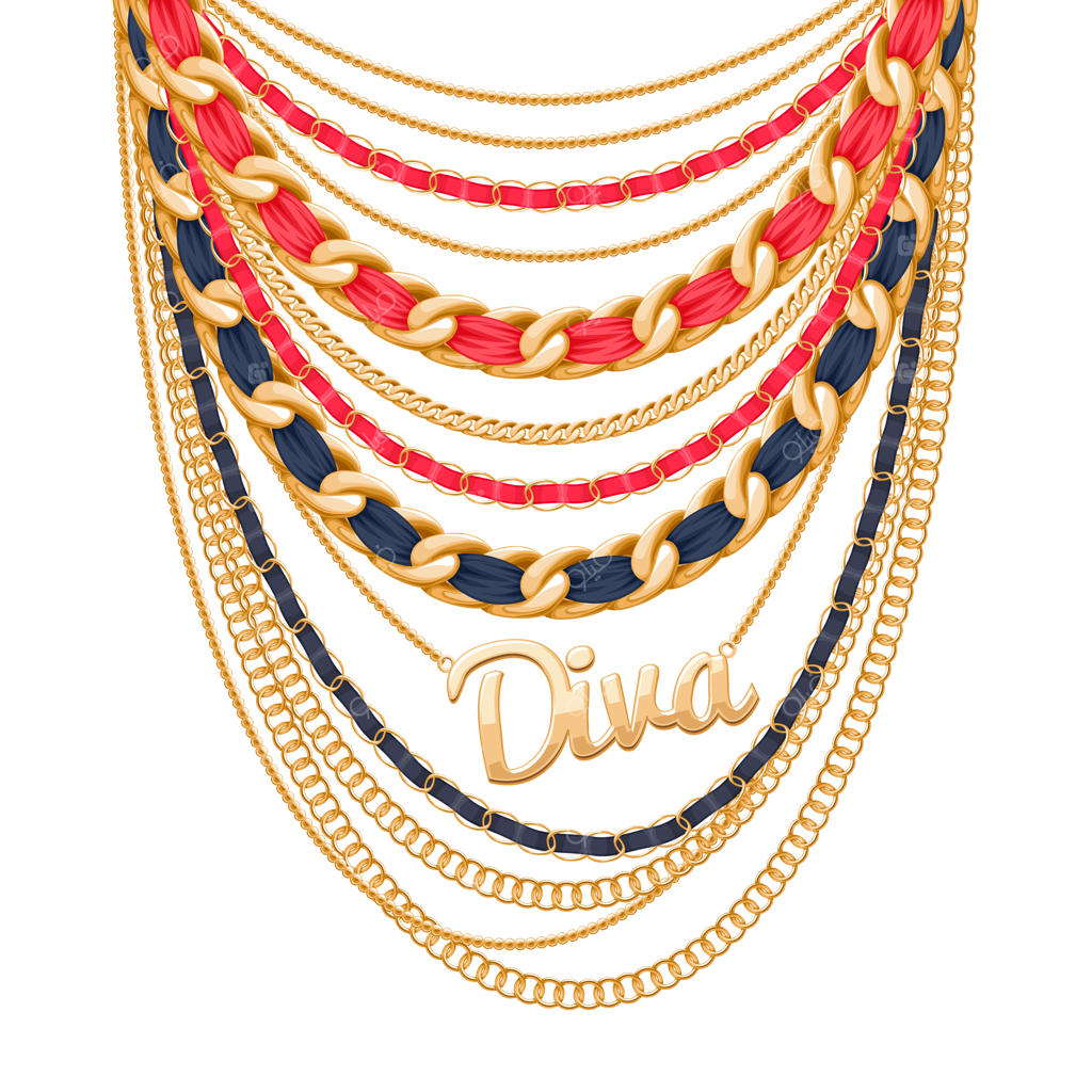 گردنبند زنجیرهای طلایی و مروارید به همراه روبان‌های پیچیده و آویز کلمه "دیوا"، یک اکسسوری شخصی مد.