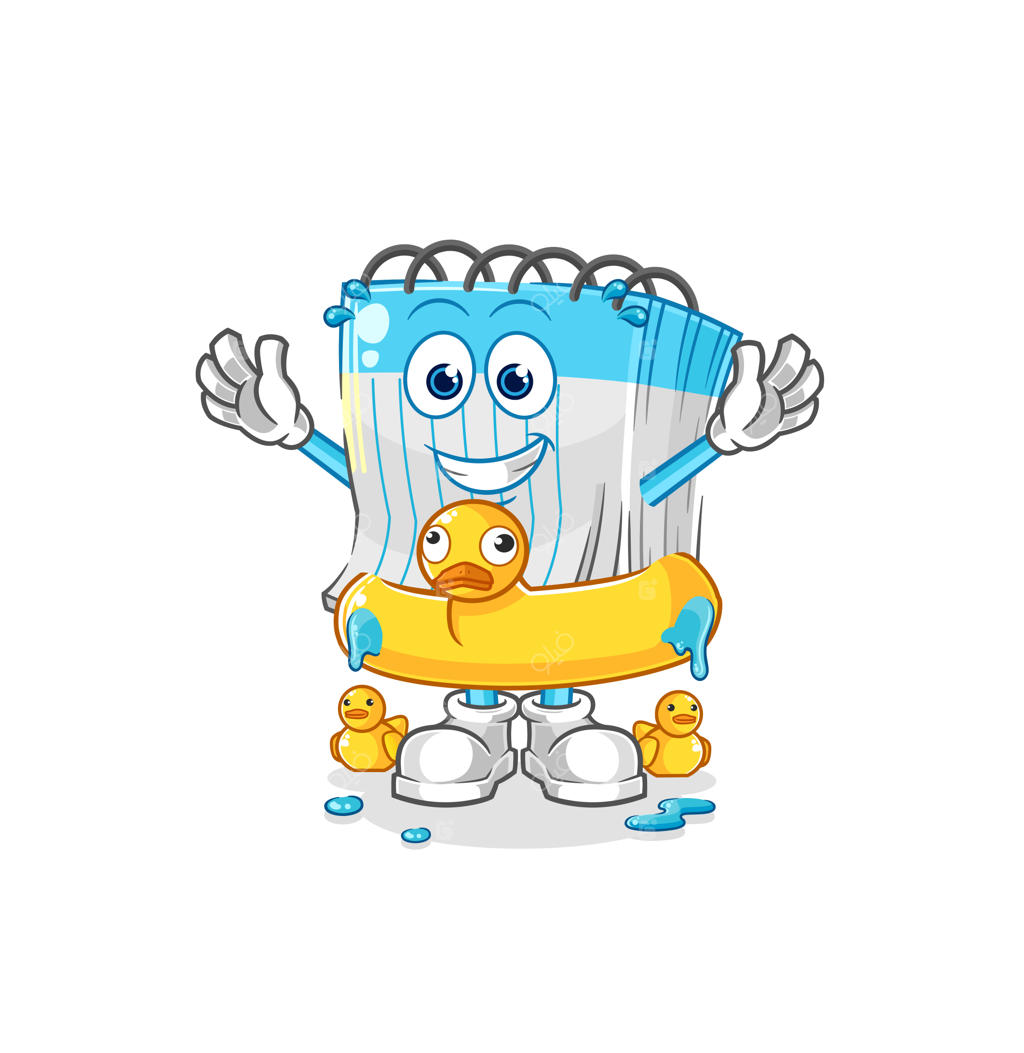 وکتور دفترچه یادداشت با کاراکتر کارتونی اردک و تیوب شنا