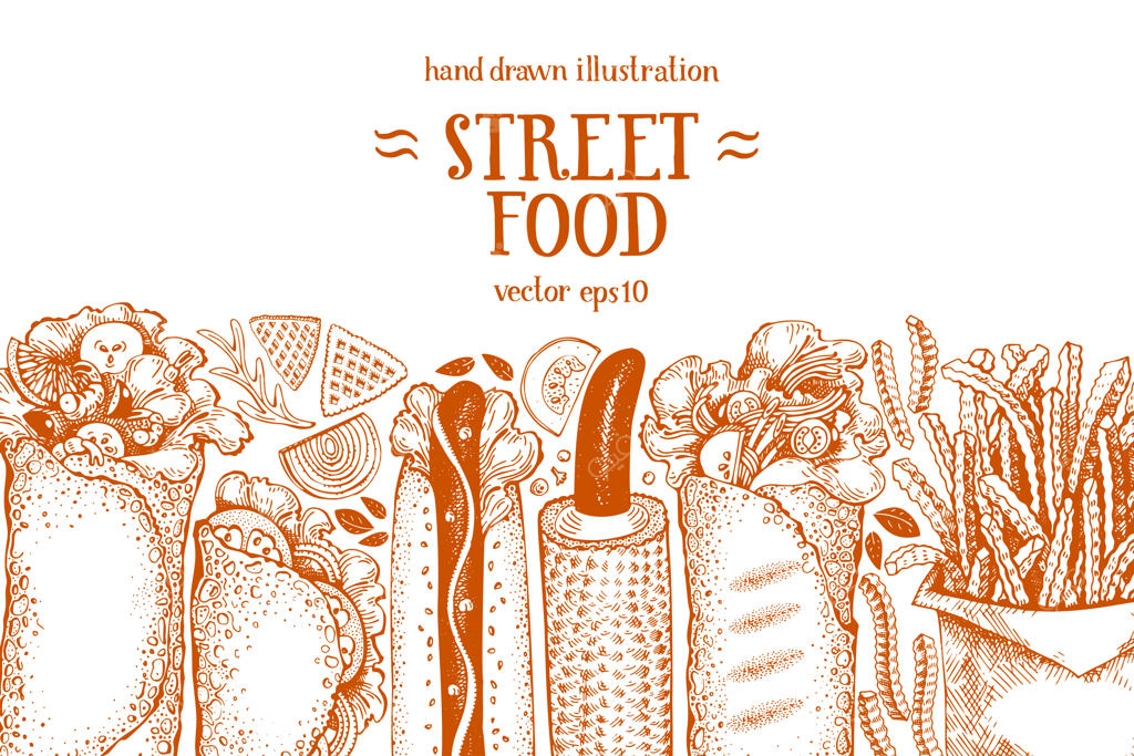 بنر غذای فوری دست‌ساز. پس‌زمینه غذای خیابانی.