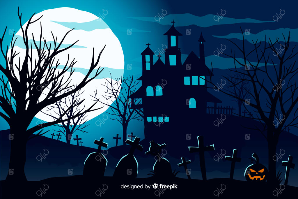 پس‌زمینه‌ هالووین با طراحی دستی و خانه‌ی جن‌زده