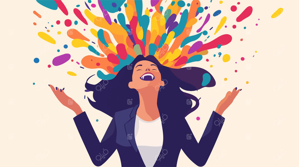 زن تاجر شاد و سرزنده با لباس رسمی، غرق در رنگ‌های متنوع