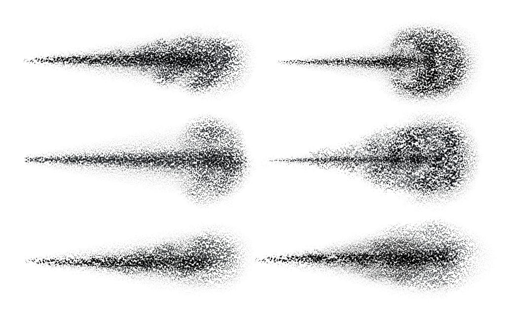 اسپری مشکی: بافت جت ذرات آب. پخش پودر، مه، بخار یا غبار. مجموعه وکتوری افکت اسپری عطر، آئروسل یا لوازم آرایشی