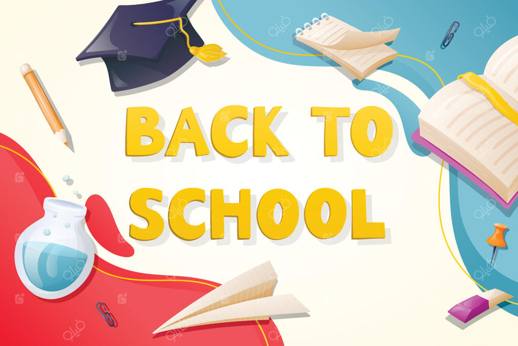 قالب آماده وکتور با عنوان بازگشت به مدرسه. بنر تبلیغاتی مدرن با برچسب‌های لوازم‌التحریر و وسایل مدرسه.