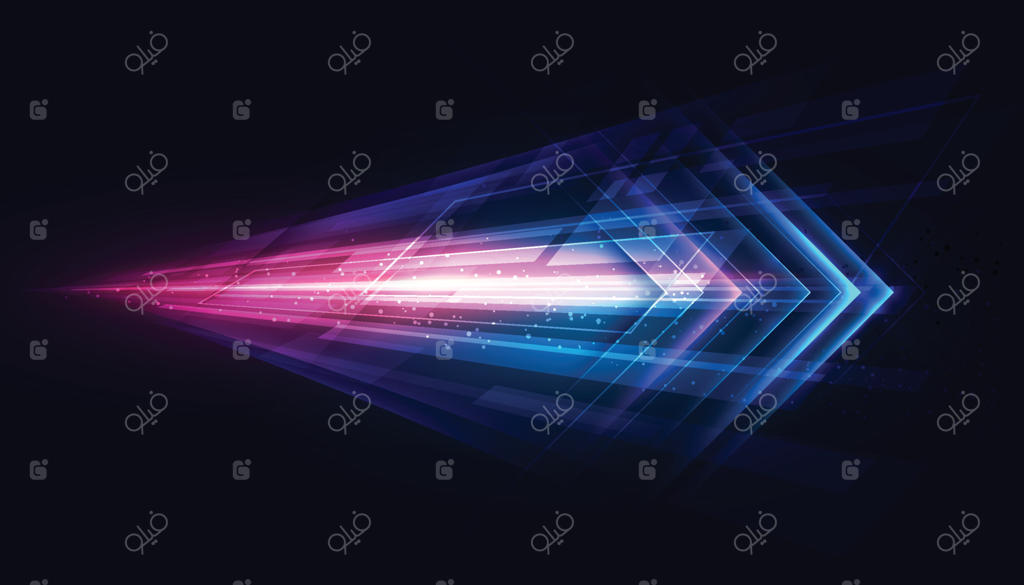 حرکت پیکان‌های مدرن و انتزاعی با افکت نور پرسرعت: الگوی پویای تکنولوژی آینده در پس‌زمینه آبی. طرح حرکتی برای طراحی بنر یا پوستر.