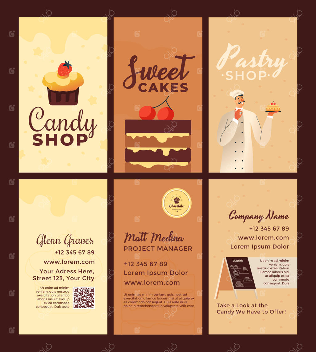 مجموعه کارت ویزیت عمودی برای تبلیغات فروشگاه آب‌نبات