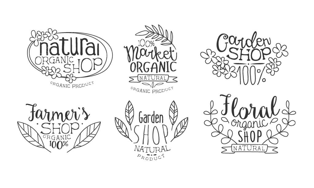 مجموعه نشان‌های دست‌ساز فروشگاه محصولات ارگانیک، بازار طبیعی، فروشگاه باغبانی، تصویر تک‌رنگ بازار کشاورزان