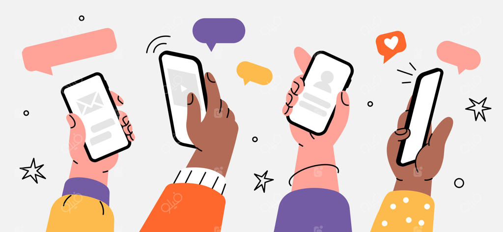 چندین دست در حال نگه داشتن گوشی هوشمند برای مرور پیام‌ها، اخبار، چت و شبکه‌های اجتماعی
