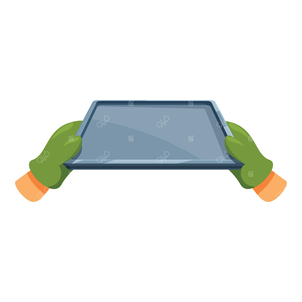 باغبان با دستکش سبز و سینی فلزی خالی در دست