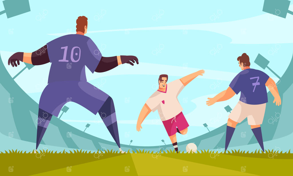 ترکیب ورزش تابستانی فوتبال با شخصیت‌های بازیکن در لباس تیمی و ایستاده در کنار سکوهای استادیوم - تصویرسازی