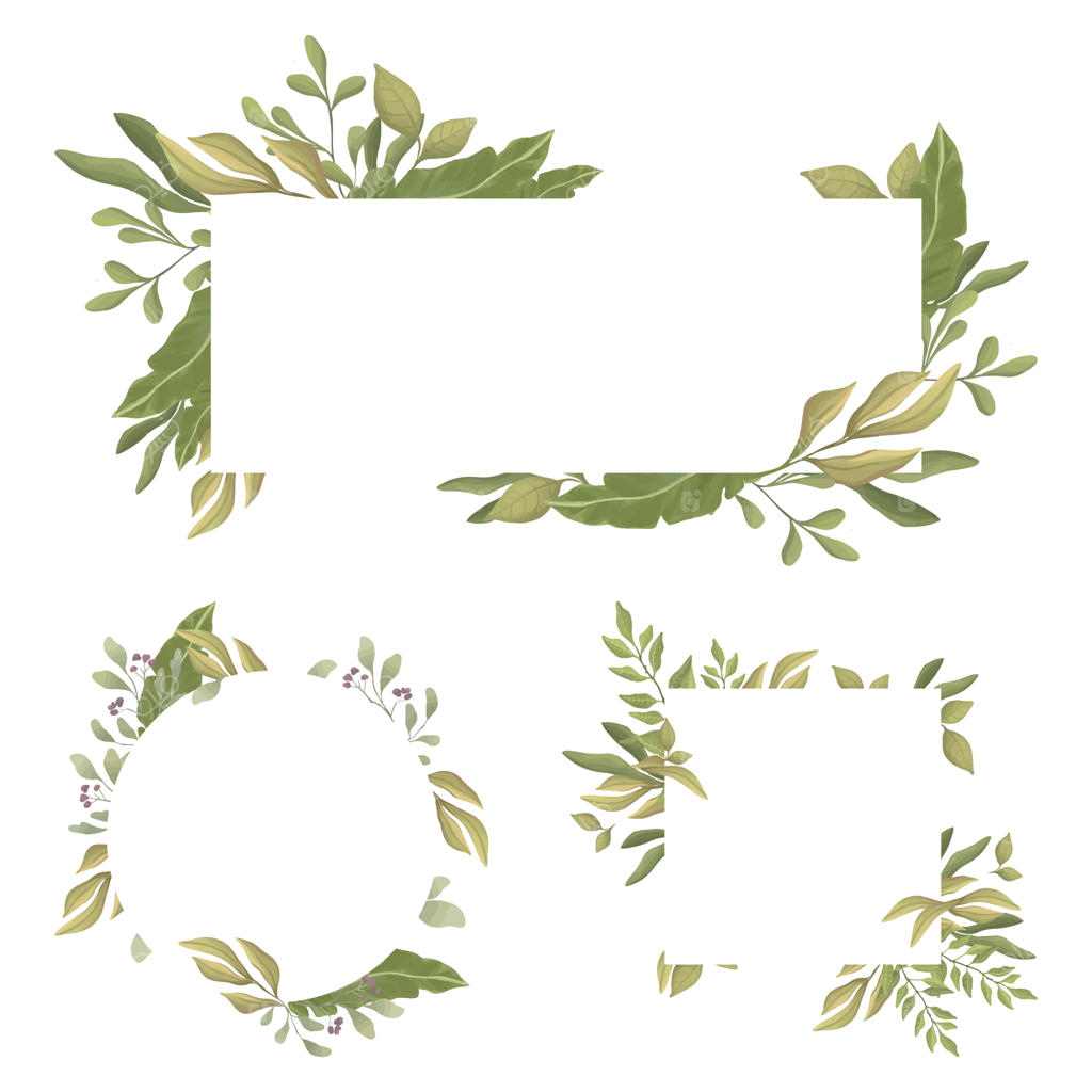 مجموعه‌ای از قاب‌های مستطیلی با فضای متنی در مرکز. قاب‌های دایره‌ای و مستطیلی با برگ‌های سبز.