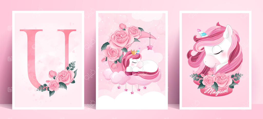 پوستر نقاشی‌های بامزه مجموعه یونیکورن به سبک آبرنگ