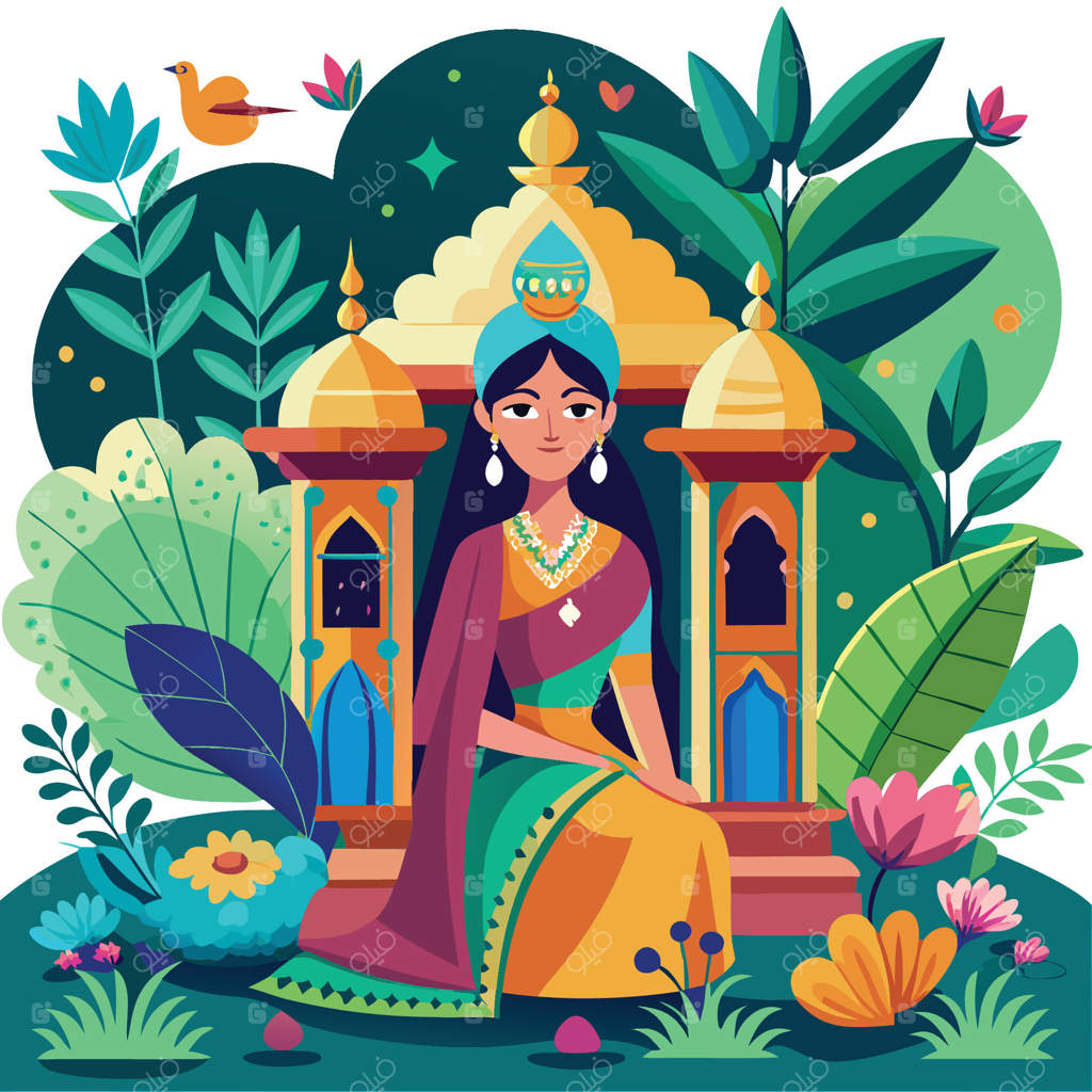 ملکه آرام مغول در باغ دل‌انگیز با طاق معبدی زیبا در حال استراحت