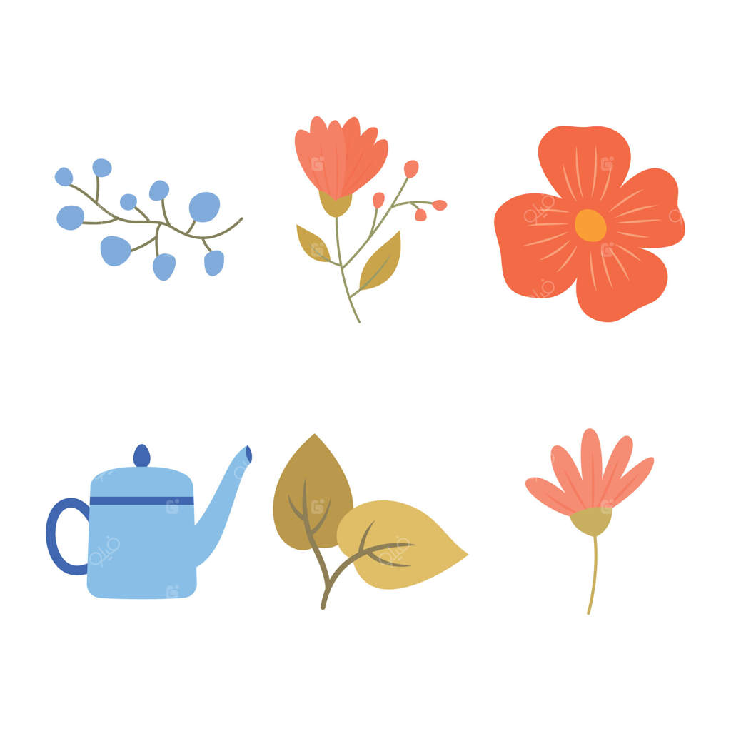 مجموعه عناصری از تزیینات گل های رنگارنگ با آبیاری گیاهان در باغ