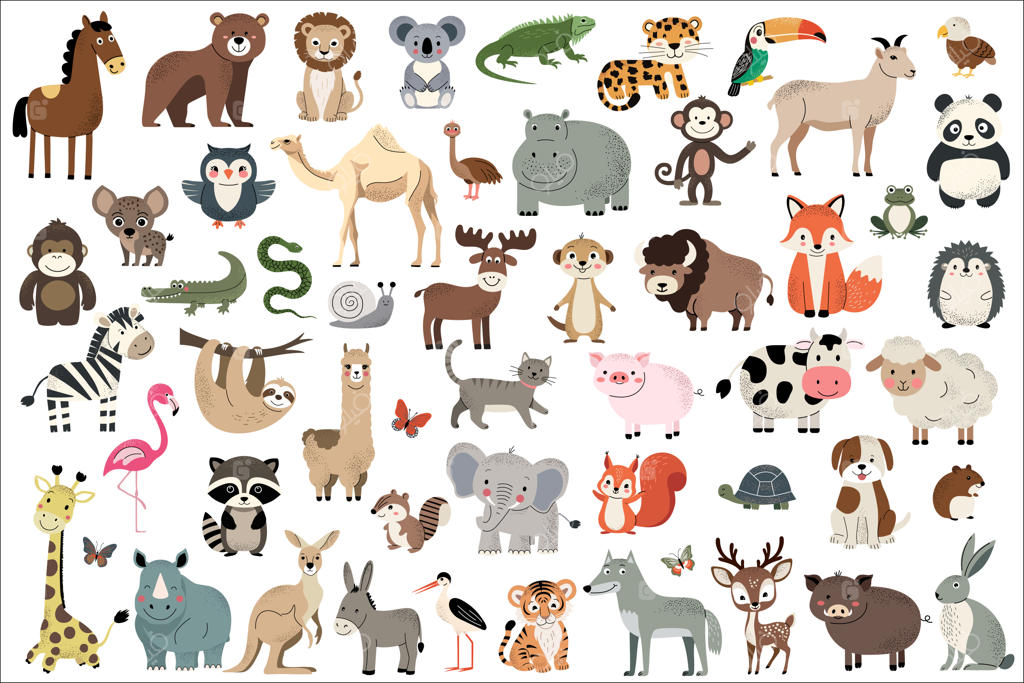 مجموعه بزرگ شخصیت‌های کارتونی حیوانات شامل حیوانات وحشی، اهلی، آفریقایی، استوایی و پرندگان ساوانا
